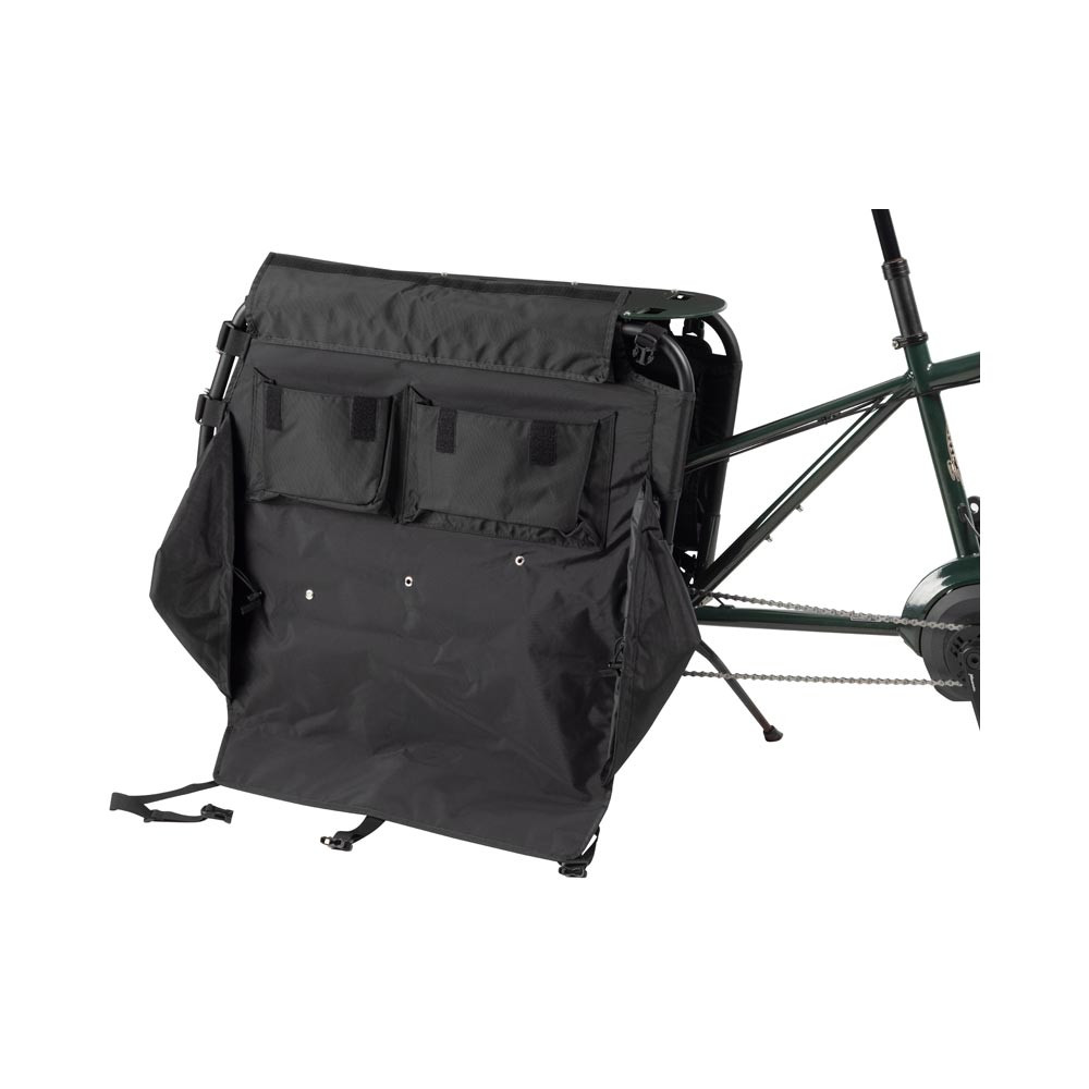 Surly Big Dummy Bag mounted on cargo Ebike with side pocket fully open and flap cover small pockets up