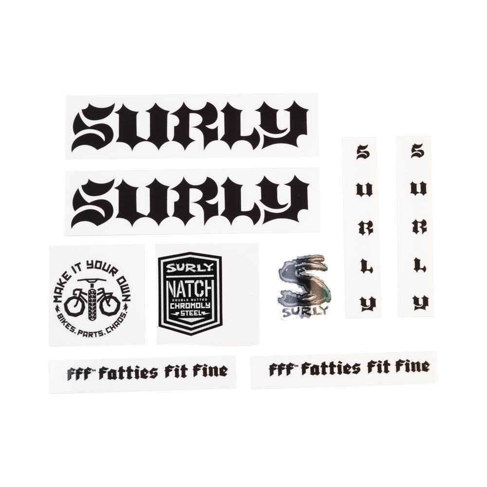 Surly Born To Loose Decal Set, Black, sheet showing fork, chainstay, seat tube, down tube decals and head badge