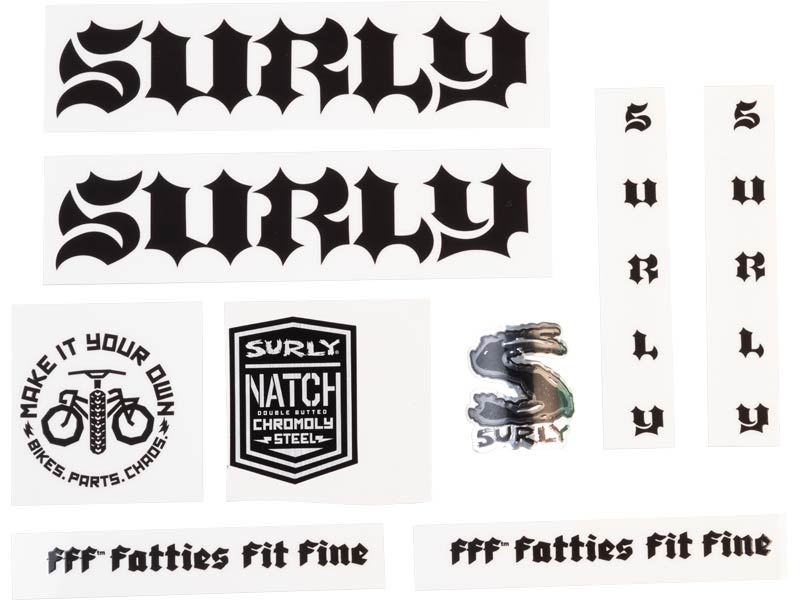 Surly Born To Loose Decal Set, Black, sheet showing fork, chainstay, seat tube, down tube decals and head badge