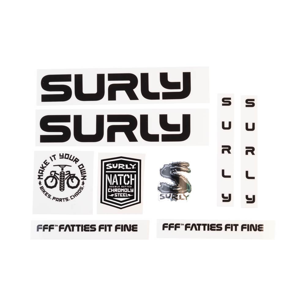 Surly Intergalactic Decal Set, Black, sheet showing fork, chainstay, seat tube, down tube decals and head badge