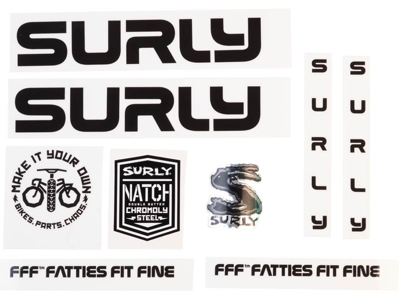 Surly Intergalactic Decal Set, Black, sheet showing fork, chainstay, seat tube, down tube decals and head badge