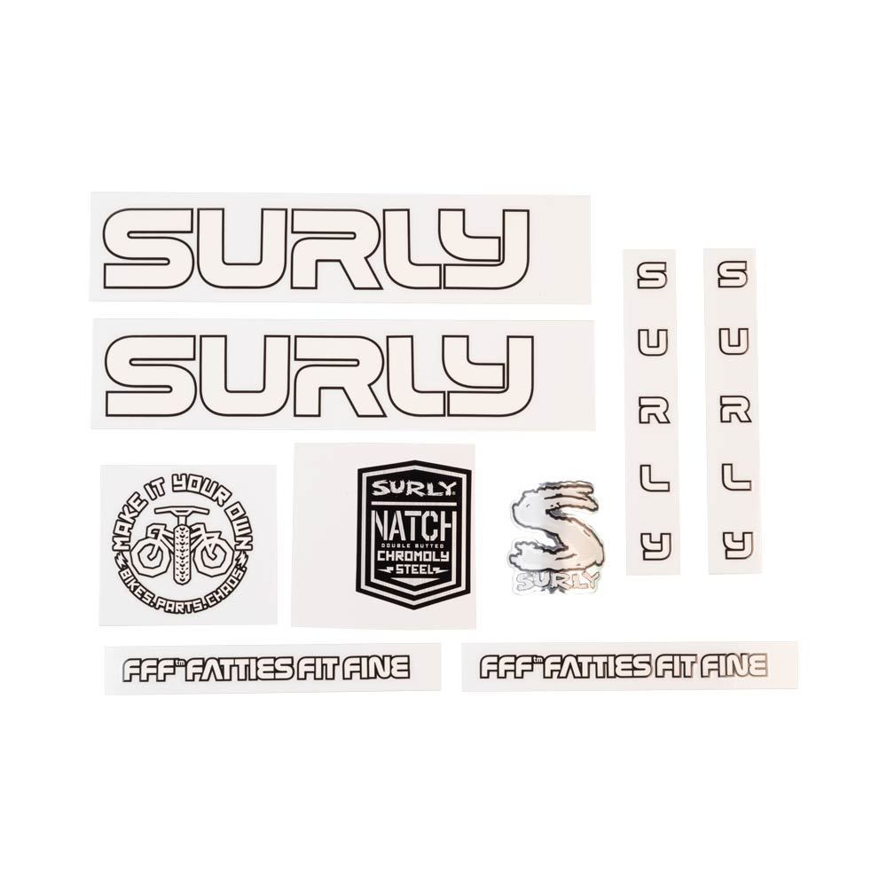 Surly Intergalactic Decal Set, White, sheet showing fork, chainstay, seat tube, down tube decals and head badge