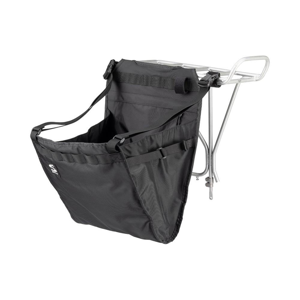 Surly Little Dummy Bag, black, front three-quarter view mounted on rear rack