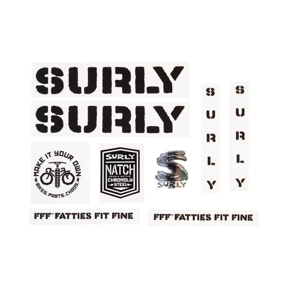 Surly Overspray Decal Set, Black, sheet showing fork, chainstay, seat tube, down tube decals and head badge
