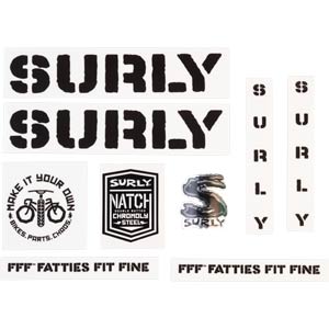 Surly Overspray Decal Set, Black, sheet showing fork, chainstay, seat tube, down tube decals and head badge