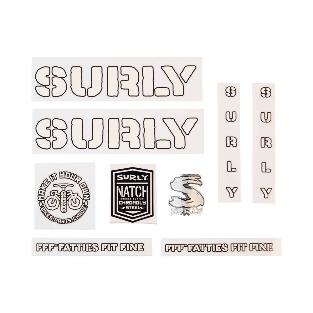 Surly Overspray Decal Set, White, sheet showing fork, chainstay, seat tube, down tube decals and head badge