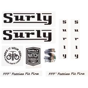 Surly Pacer Decal Set, Black, sheet showing fork, chainstay, seat tube, down tube decals and head badge