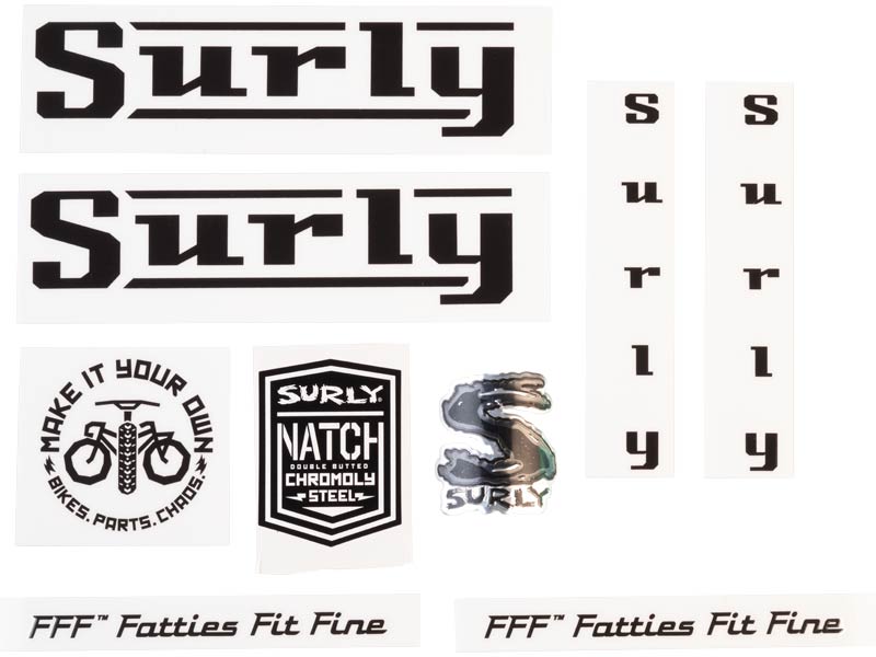 Surly Pacer Decal Set, Black, sheet showing fork, chainstay, seat tube, down tube decals and head badge