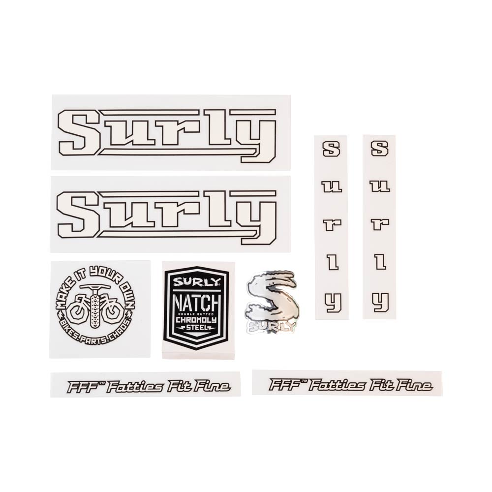 Surly Pacer Decal Set, White, sheet showing fork, chainstay, seat tube, down tube decals and head badge