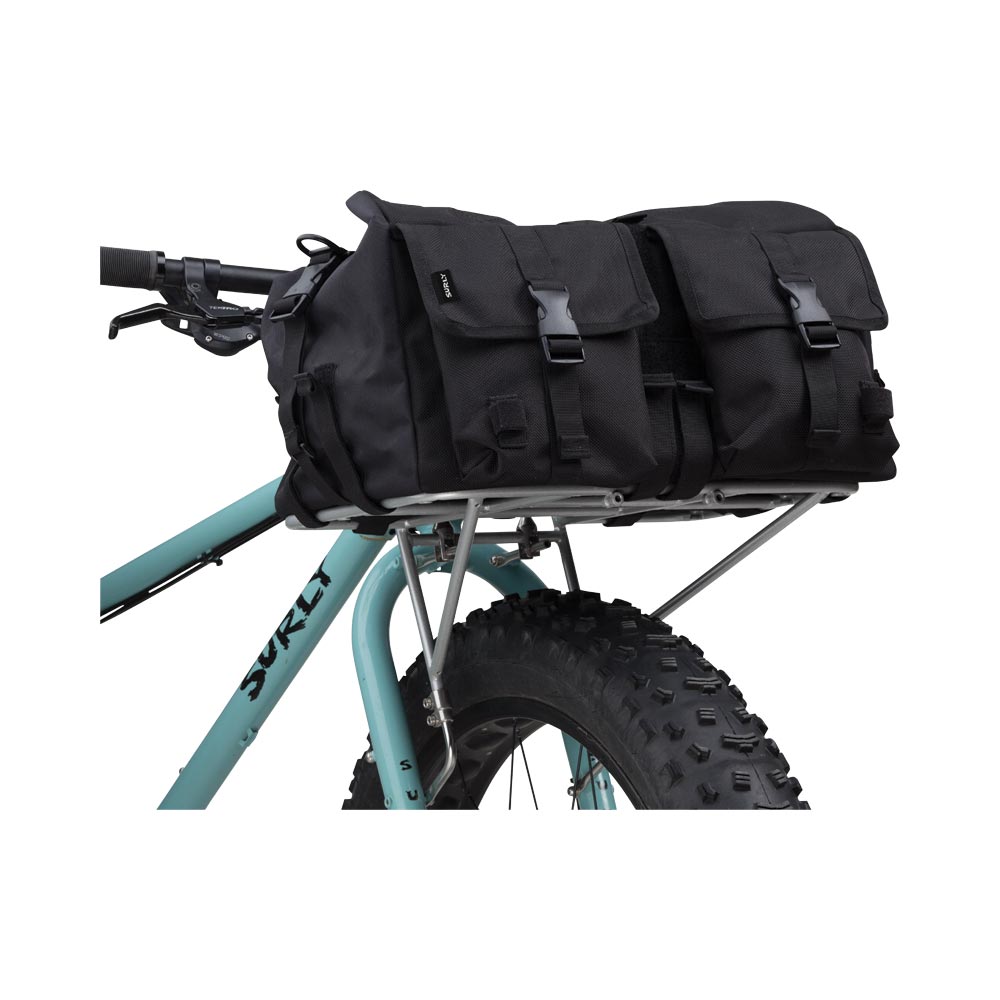 Surly Porteur House Bag - mounted on 24-pack front bike rack showing bottom slightly