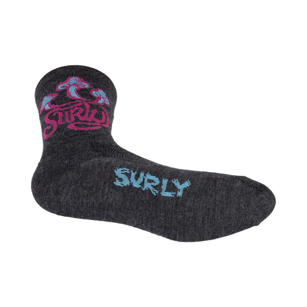 Surly Psilly Billy Sock, charcoal bottom view on white background