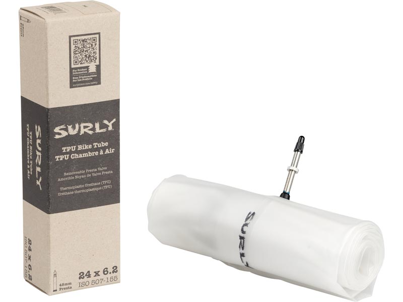 Surly TPU Tube package and tube rolled up on white background