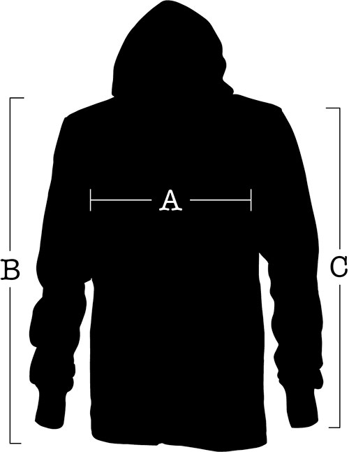 Full Zip Hoodie diagram, (A) for chest, (B) for length from shoulder to end of zipper, and (C) for sleeve length 