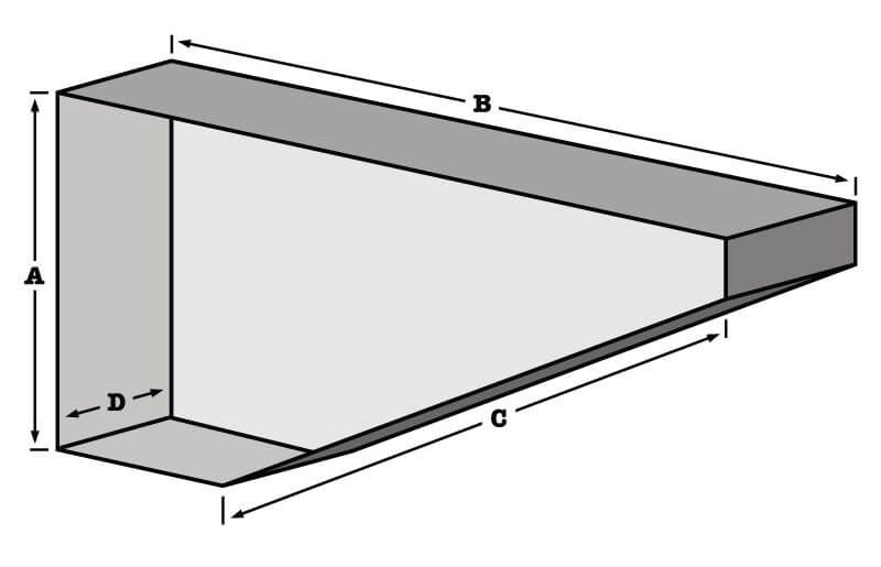 Mountain Frame Bag with measurements for (A) Seat tube inner, (B) Top tube inner, (C) Down tube inner, (D) Seat tube area width