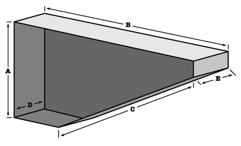 Mountain Frame Bag with measurements for (A) Seat tube inner, (B) Top tube inner, (C) Down tube inner, (D) Seat tube area width, (E) Head tube area width