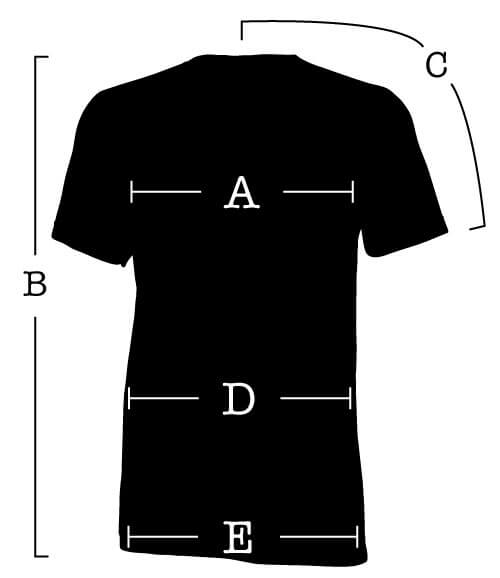 T-Shirt with measurements for (A) Chest, (B) Length, (C) Sleeve, (D) Waist, (E) Hip